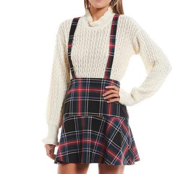 Copper Key NWT Square Neck Criss Cross Strap Plaid Print Jumper Skirt Overall - Picture 1 of 6